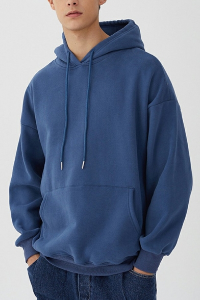 Casual Hoodie Solid Color Drawstring Loose Fit Long-Sleeved Hooded Sweatshirt for Men
