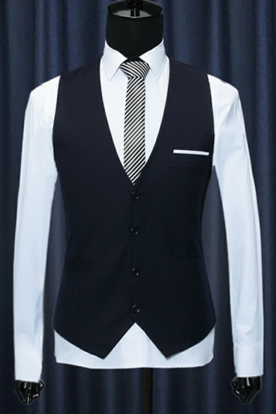 Casual Mens Suit Vest Pure Color V-Neck Sleeveless Regular Fit Suit Vest