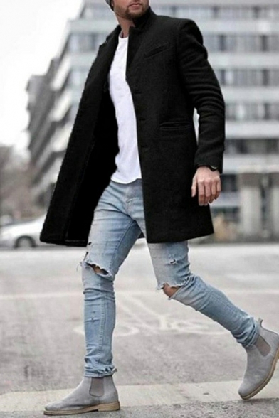 Casual Mens Woolen Coat Solid Color Single Breast Long Sleeve Stand Collar Regular Fit Coat
