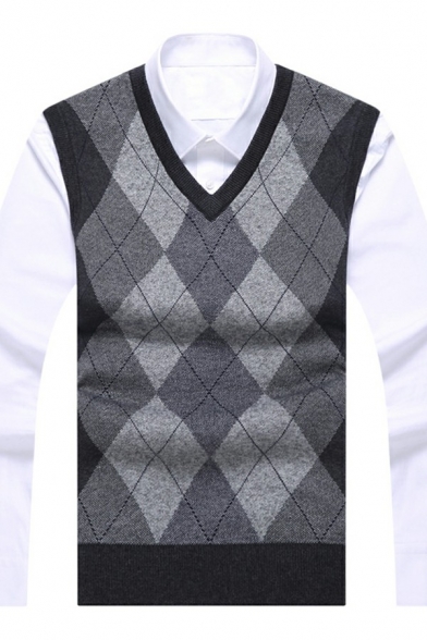 Chic Men's Vest Contrast Color Geometric Pattern V-Neck Sleeveless Slim Fit Knit Vest