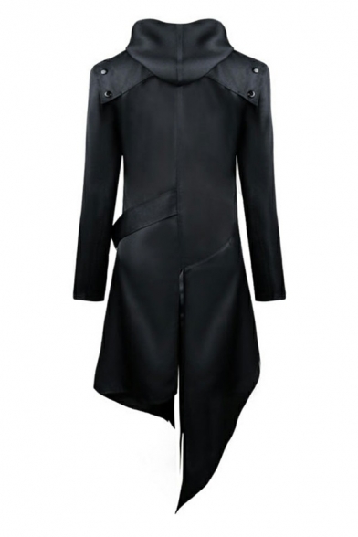 Cool Guys Jacket Solid Irregular Hem Detailed Knee Length Long-Sleeved Relaxed Hooded Leather Jacket