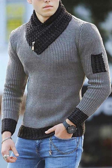 Cool Men's Sweater Color Block Shawl Collar Long Sleeve Slim Fit Sweater