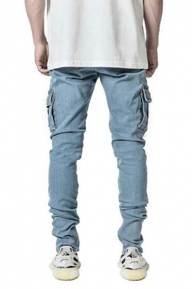 Dashing Men Jeans Solid Color Medium Wash Mid-Rised Zipper Placket Pocket Detail Long Length Slim Fitted Jeans