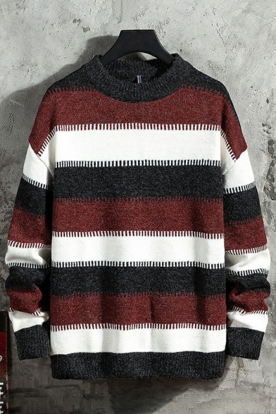 Dashing Men's Sweater Stripe Pattern Crew Neck Long Sleeve Loose Fitted Pullover Sweater