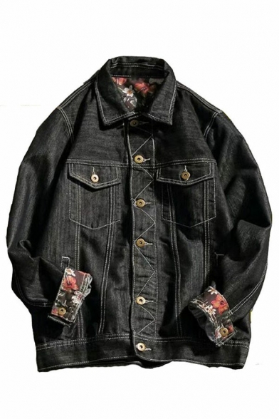 Dashing Mens Jacket Flower Printed Long Sleeves Lapel Collar Button Placket Denim Jacket with Pockets