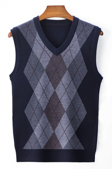 Dashing Mens Vest Rhombus Printed Sleeveless V-Neck Regular Fit Sweater Vest