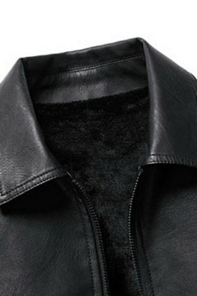 Fashionable Guy's Jacket Solid Color Spread Collar Long Sleeve Regular Zipper Leather Jacket