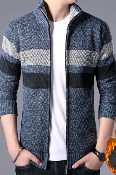 Guy's Elegant Cardigan Solid Color Pocket Designed Relaxed Fitted Long Sleeve Zip Fly Cardigan
