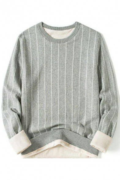 Guys Fashion Pullover Stripe Pattern Crew Neck Loose Fit Long Sleeves Pullover