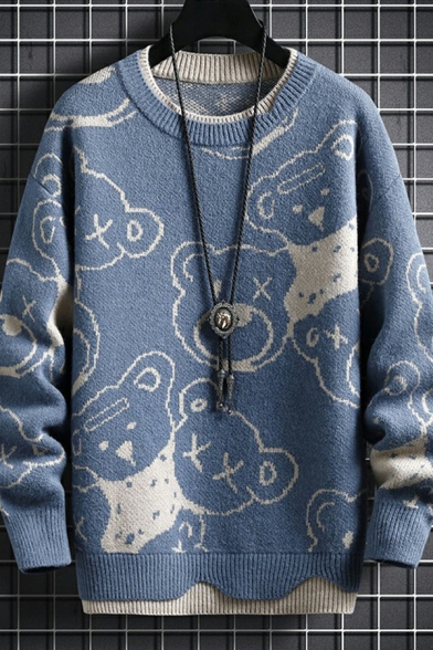 Guys Lovely Pullover Cartoon Print Long Sleeve Crew Neck Loose Pullover