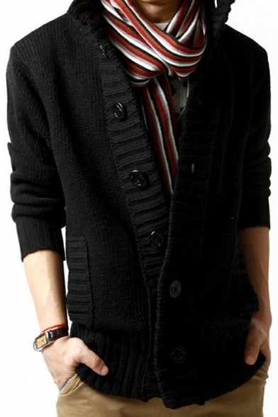 Leisure Mens Knitted Cardigan Pure Color Button down Long Sleeve Stand Collar Fitted Cardigan