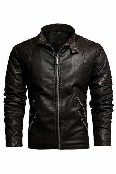 Men Casual Leather Jacket Plain Stand Collar Full-Zip Pocket Detail Long Sleeve Relaxed Leather Jacket