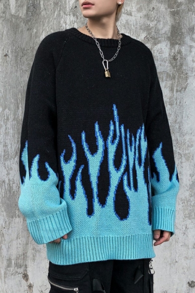 Men Cool Sweater Fire Pattern Round Neck Long-sleeved Oversized Sweater