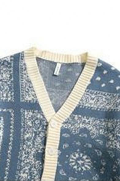 Men Creative Cardigan Scarf Patterned V-Neck Button up Long Sleeves Relaxed Fit Cardigan