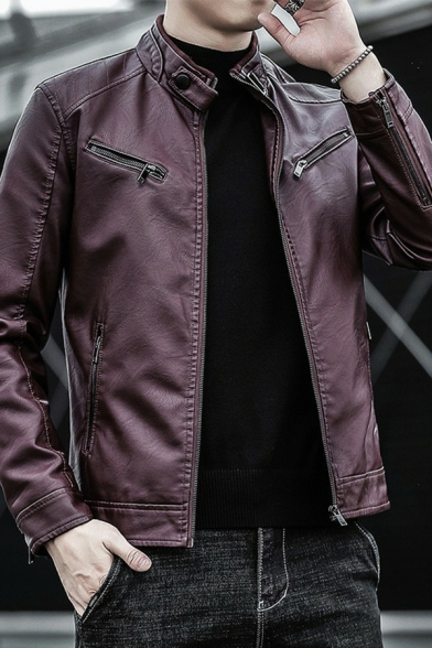 Mens Pop Jacket Solid Color Zip-up Designed Stand Collar Fitted Long Sleeves Zip Closure Leather Jacket