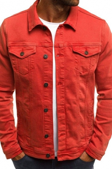Mens Simple Solid Color Jacket Spread Collar Chest Pockets Button Closure Slim Cut Denim Jacket