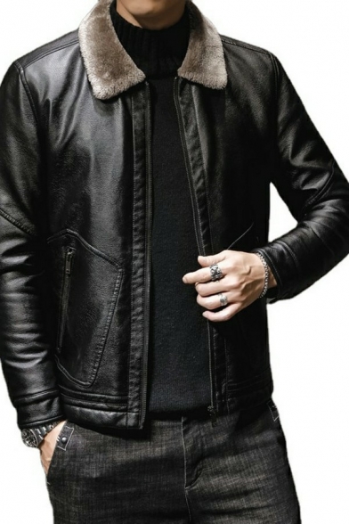 Mens Trendy Jacket Plain Spread Collar Long Sleeves Regular Zip Down Leather Jacket
