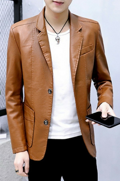 Modern Jacket Pure Color Pocket Long Sleeves Lapel Collar Relaxed Fit Leather Jacket for Men