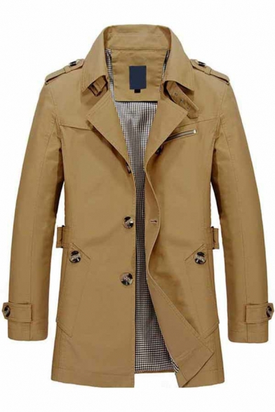 Modern Plain Mens Trench Coat Lapel Collar Button Fly Epaulette Welt Pockets Slim Fit Trench Coat