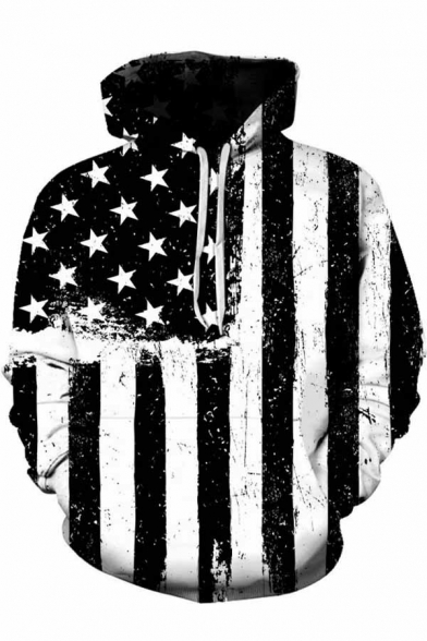 Simple American Flag Print Hoodie Kangaroo Pocket Design Drawstring Hooded Sweatshirt for Men