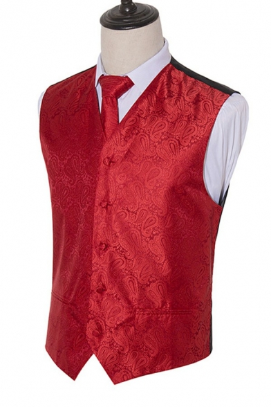 Simple Suit Vest Pure Color Button-up V-Neck Regular Fit Suit Vest for Guys