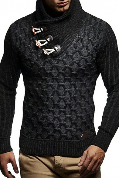 Stylish Guys Sweater Checked Pattern Shawl Collar Rib Cuffs Slim Fit Long-Sleeved Sweater