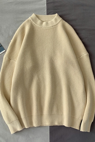 Teenagers Style Sweater Pure Color Ribbed Trim Long Sleeves Round Neck Oversize Pullover Sweater