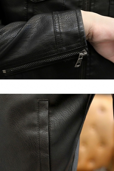 Trendy Jacket Solid Color Flap Pocket Stand Collar Long Sleeve Skinny Leather Jacket for Guys