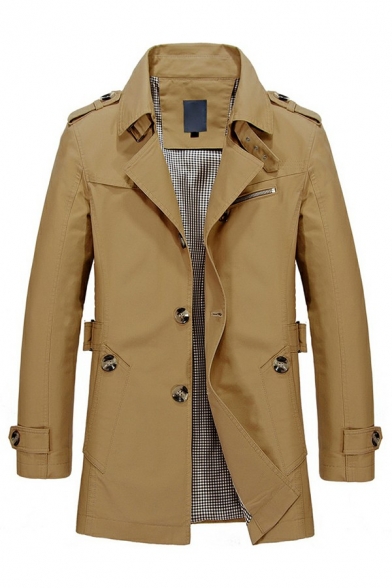 Trendy Men's Trench Coat Plain Lapel Collar Button Closure Pocket Detail Long Sleeve Trench Coat