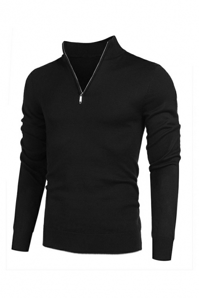 Unique Mens Pullover Pure Color 1/4 Zip Long-sleeved Slimming Pullover