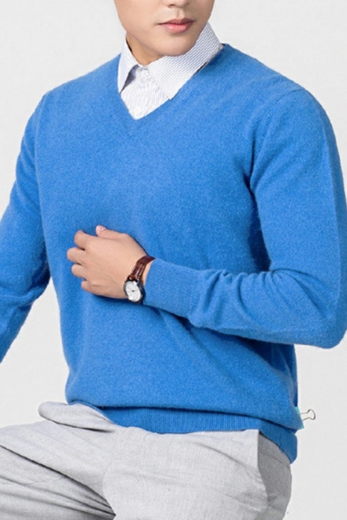 Basic Men's Sweater Plain V-Neck Long Sleeves Slim Fitted Sweater