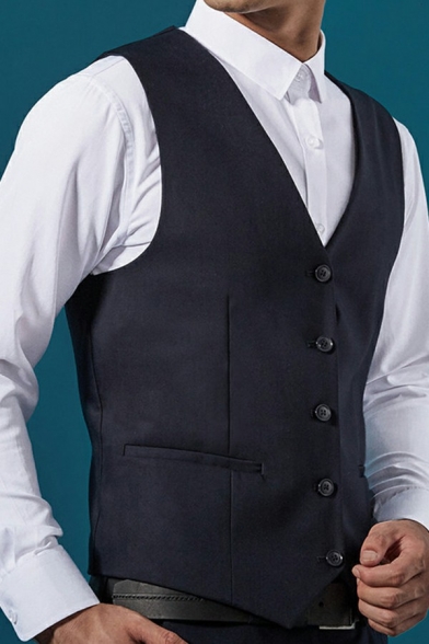 Business Vest Belt Back Single-Breasted Pocket Detail V-Neck Sleeveless Slimming Men’s Vest
