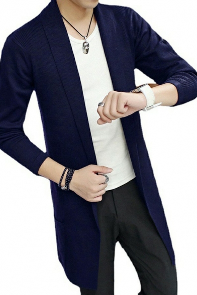 Casual Mens Cardigan Solid Color Long-sleeved Open Front Long Length Loose Cardigan