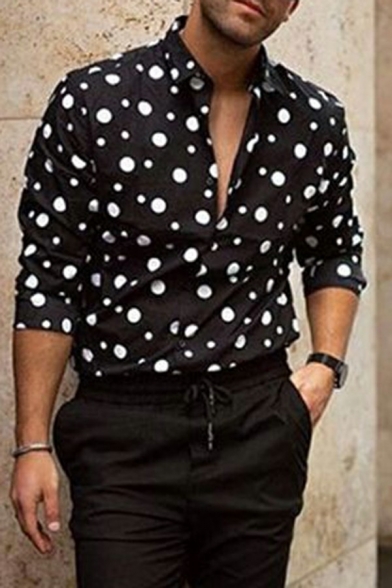 Casual Mens Shirt Polka Dot Printed Long Sleeve Lapel Collar Button Closure Regular Fitted Shirt