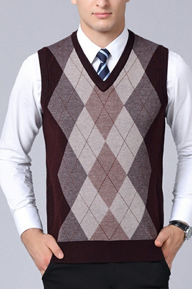 Chic Men's Vest Contrast Color Geometric Pattern V-Neck Sleeveless Slim Fit Knit Vest