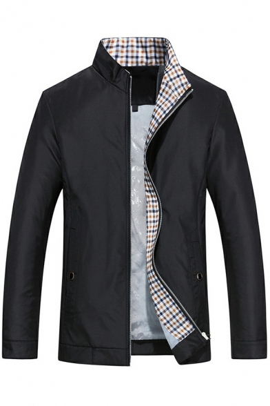 Chic Plain Jacket Zipper Down Stand Collar Pockets Long-Sleeved Regular Fit Casual Jacket for Men