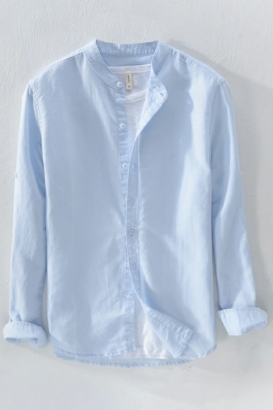 Chic Shirt Whole Colored Button Placket Strand Collar Regular Fit Long Sleeves Shirt for Guys