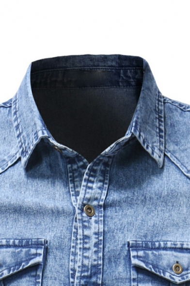 Cool Shirt Button Closure Turn-Down Collar Chest Pocket Long Sleeve Slim Fit Denim Shirt for Men