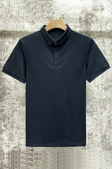 Creative Mens Polo Shirt Plain Button Half Closure Turn-Down Collar Fit Short Sleeve Polo Shirt