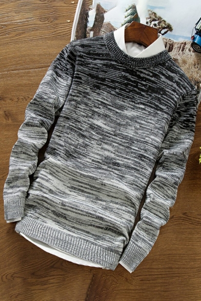 Creative Sweater Space Dye Print Round Neck Rib Cuffs Long Sleeves Slim Sweater for Men