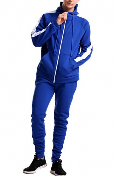 Edgy Co-ords Contrast Stripe Long Sleeve Hooded Zip Placket Hoodie & Pants Two Piece Set for Men