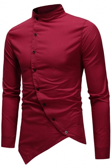 Elegant Mens Shirt Button Closure Plain Irregular Hem Long Sleeve Stand Collar Slim Fit Shirt