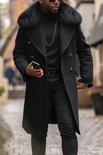 Fashion Men's Coat Solid Color Furry Collar Button Fly Knee Length Long Sleeve Coat
