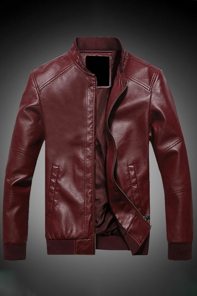Fashionable Mens Leather Jacket Pure Color Lapel Collar Long-Sleeved Pocket Detail Zip Placket Leather Jacket