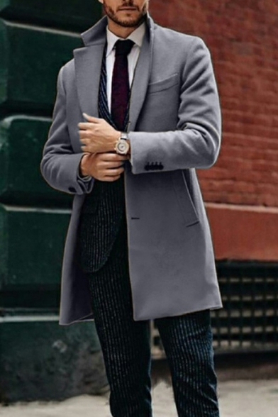 Leisure Mens Woolen Coat Solid Color Single Braest Long Sleeve Lapel Collar Fitted Coat