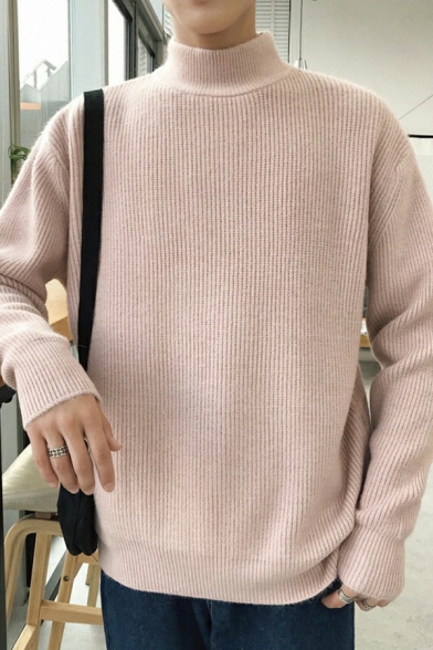 Leisure Pullover Whole Colored Mock Neck Relaxed Fit Long Sleeve Pullover for Guys