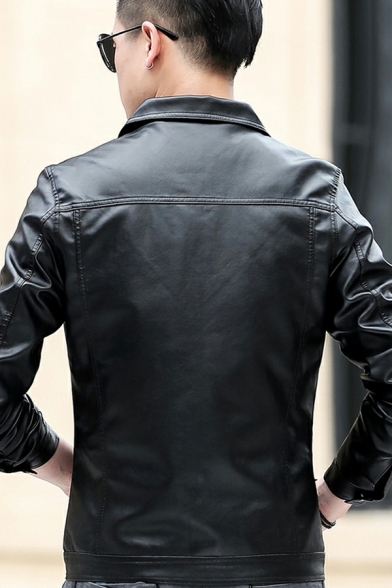 Men Popular Leather Jacket Plain Spread Collar Button up Flap Pocket Long Sleeves Regular Fitted Leather Jacket