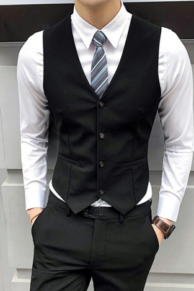 Men's Urban Suit Vest Plain Side Pocket V-Neck Button Placket Suit Vest