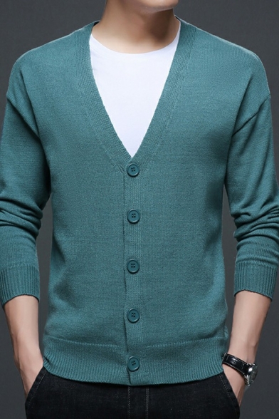 Men Trendy Cardigan Whole Colored V-Neck Long Sleeves Button-up Fitted Cardigan