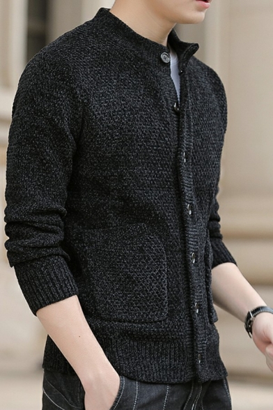 Mens Daily Cardigan Sweater Solid Color Long-Sleeved Crew Neck Button Closure Loose Fitted Cardigan Sweater